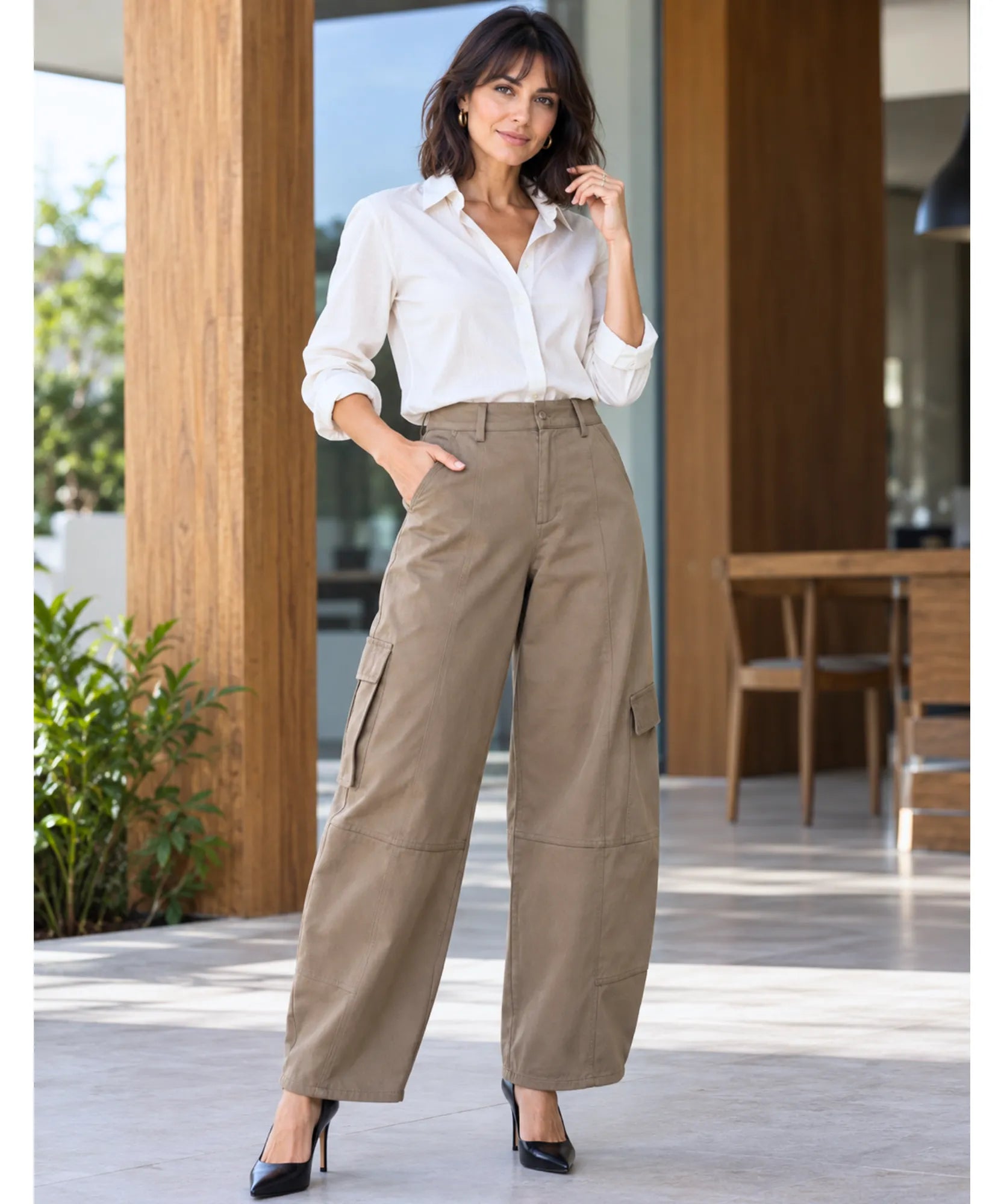 Comprar calça barrel cargo feminina marrom com bolsos laterais barata Anellimn