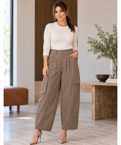 Comprar calça barrel cargo feminina marrom com bolsos laterais barata Anellimn