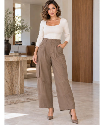 Comprar calça barrel cargo feminina marrom casual barata Anellimn