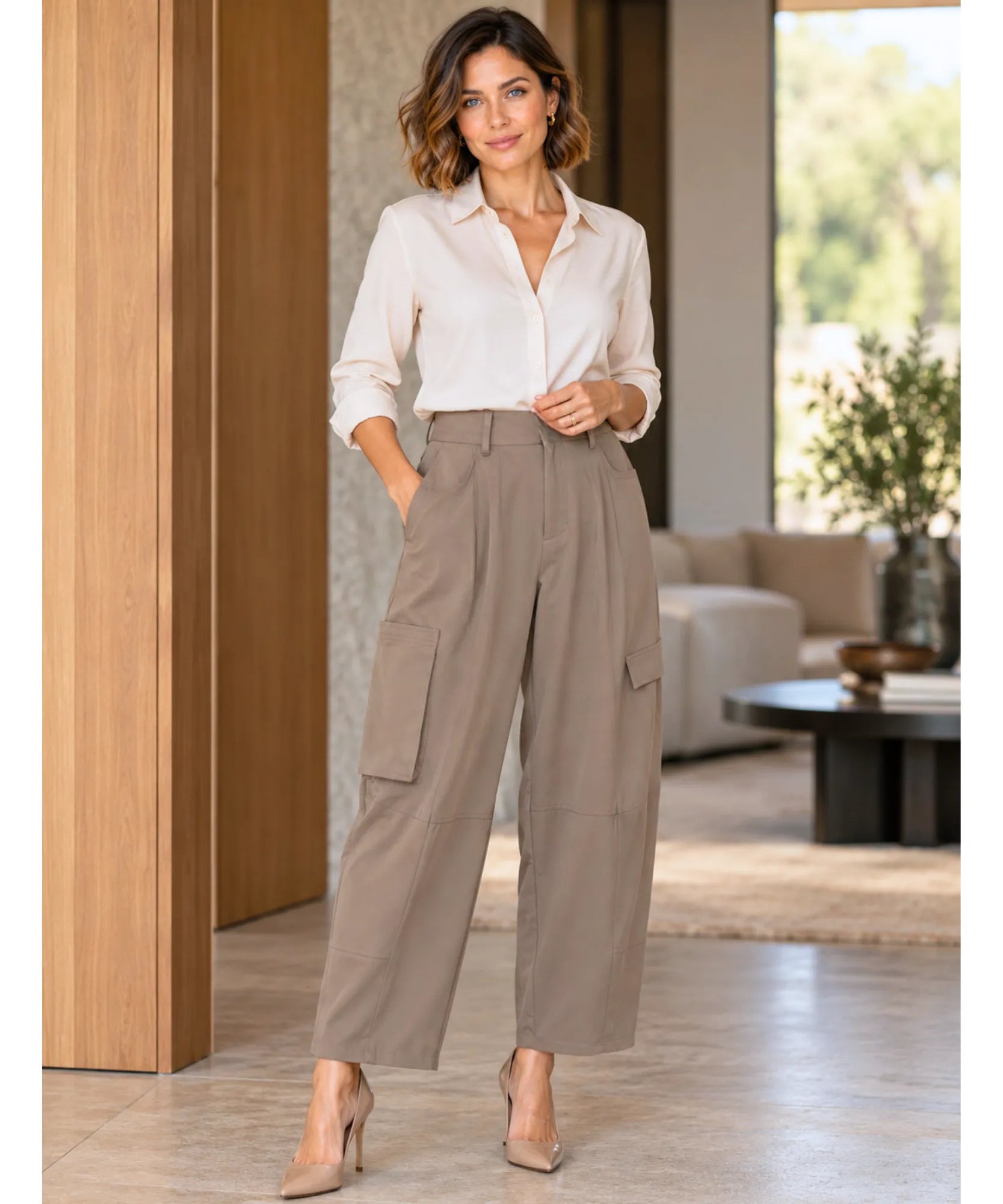 Comprar calça barrel cargo feminina marrom para trabalho barata Anellimn