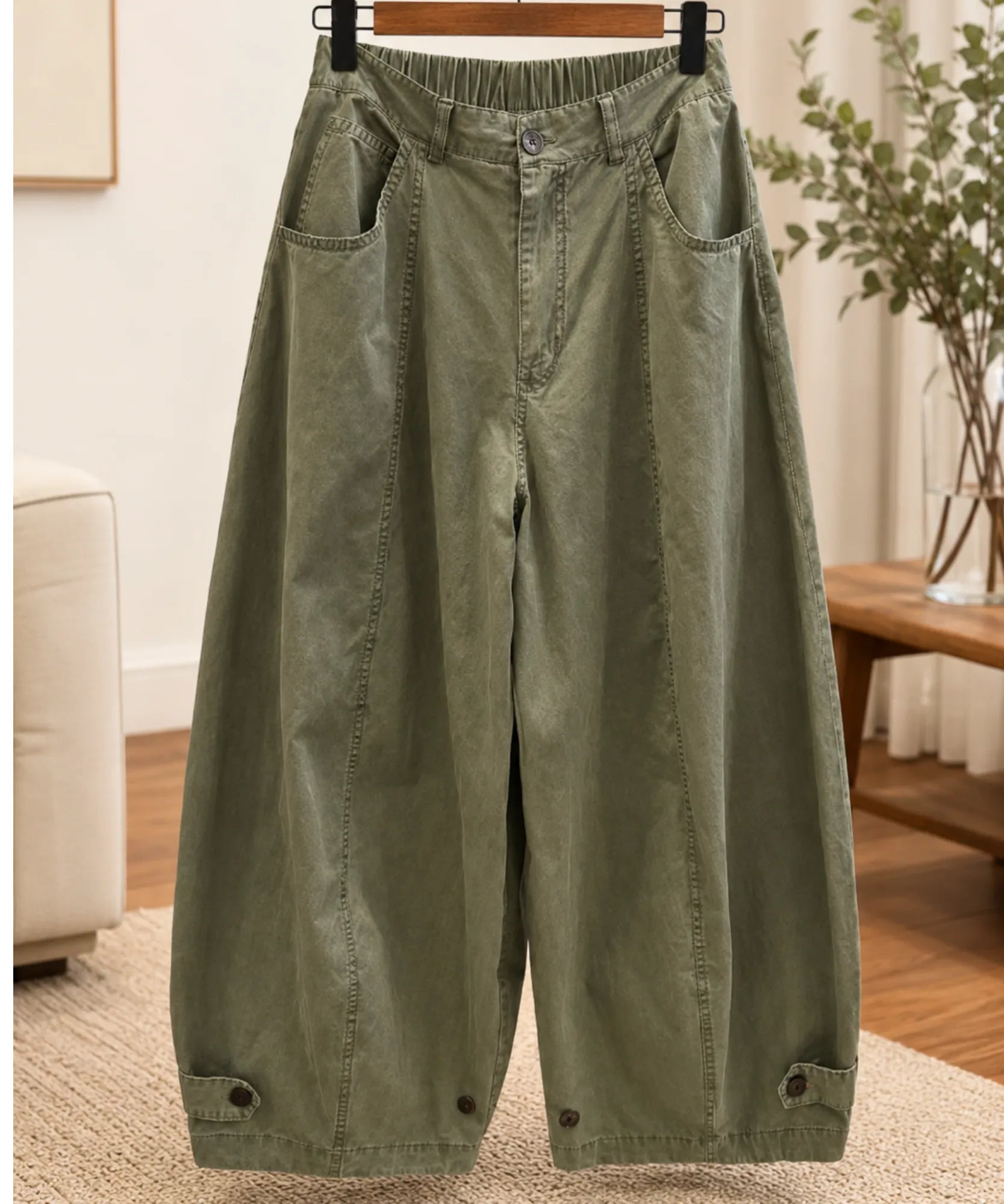 Comprar Calça Barrel Feminina Brim Cintura Elástica Perna Ampla barato e em Promoção ANELLIMN