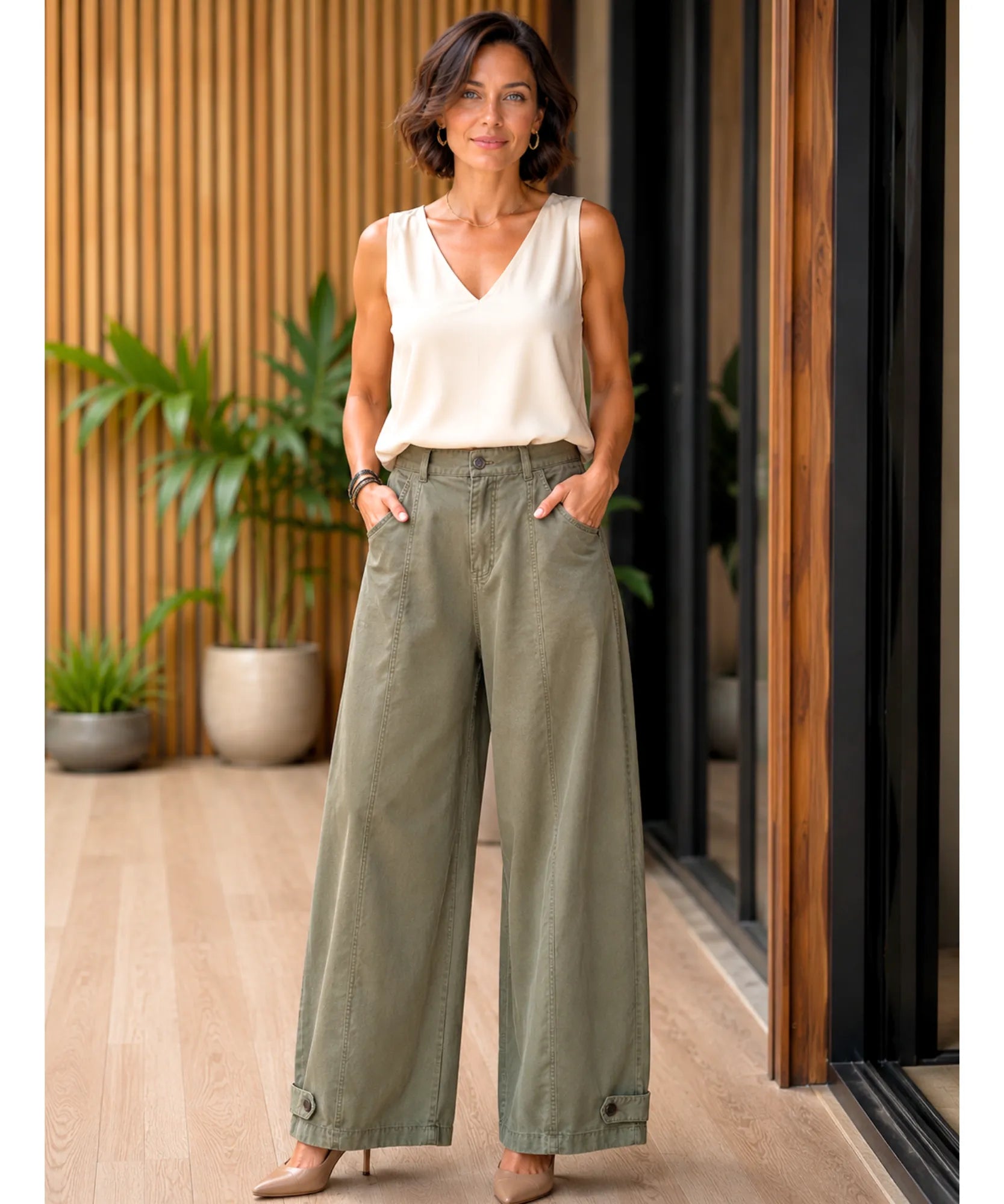 Comprar Calça Barrel Feminina Brim Cintura Elástica Perna Ampla barato e em Promoção ANELLIMN