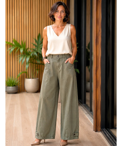 Comprar Calça Barrel Feminina Brim Cintura Elástica Perna Ampla barato e em Promoção ANELLIMN