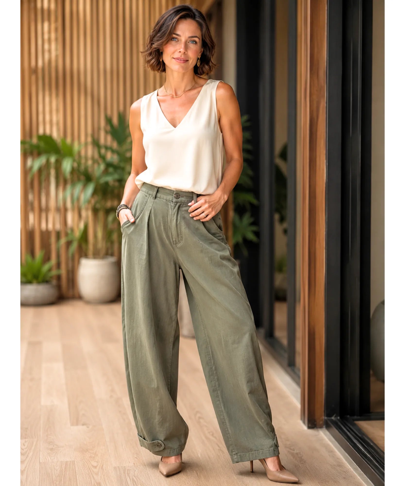 Comprar Calça Barrel Feminina Brim Cintura Elástica Perna Ampla barato e em Promoção ANELLIMN