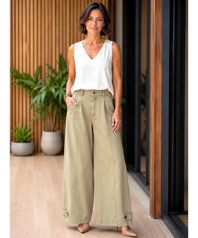 Comprar Calça Barrel Feminina Brim Cintura Elástica Perna Ampla barato e em Promoção ANELLIMN