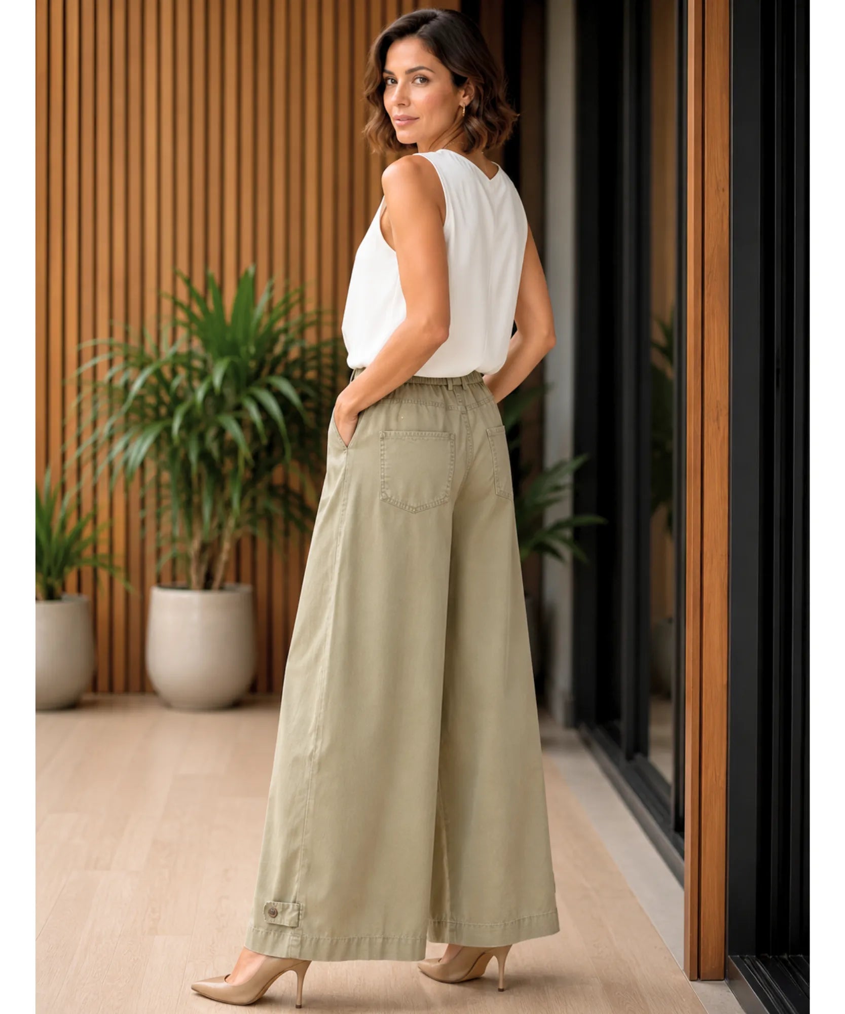 Comprar Calça Barrel Feminina Brim Cintura Elástica Perna Ampla barato e em Promoção ANELLIMN