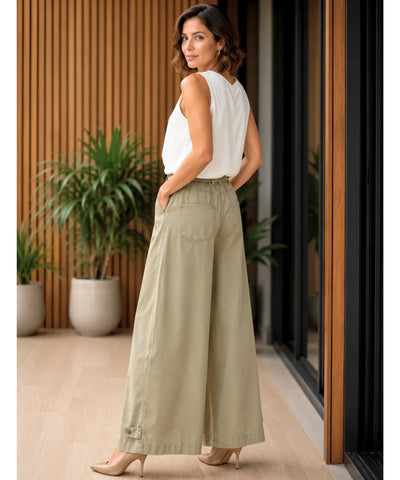 Comprar Calça Barrel Feminina Brim Cintura Elástica Perna Ampla barato e em Promoção ANELLIMN