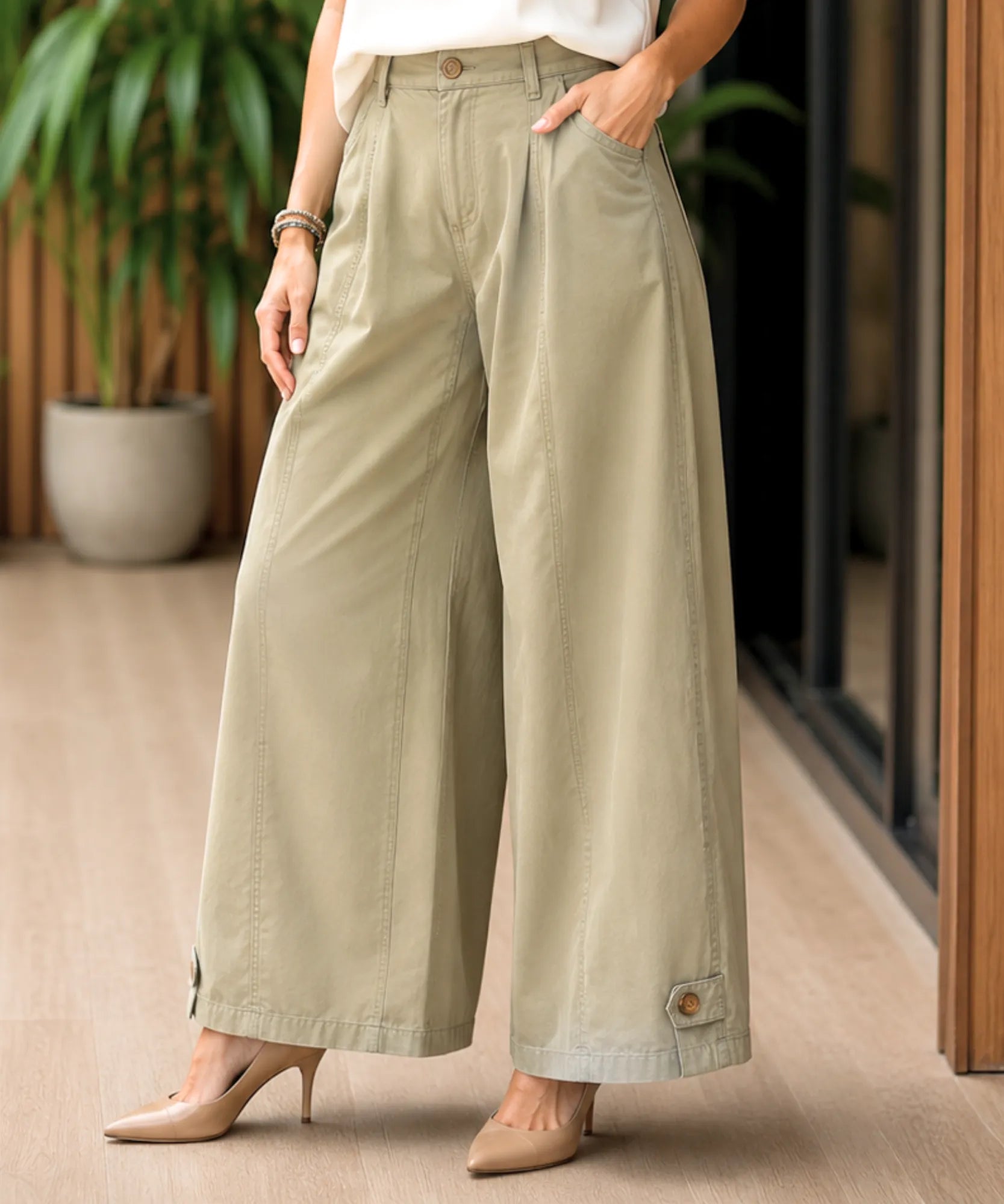 Comprar Calça Barrel Feminina Brim Cintura Elástica Perna Ampla barato e em Promoção ANELLIMN