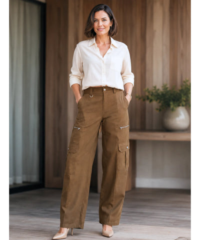 Calça Cargo Feminina Barrel Bolsos Zíper Casual | Creta