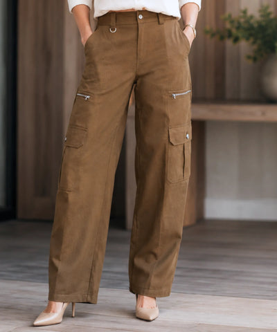 Calça Cargo Feminina Barrel Bolsos Zíper Casual | Creta