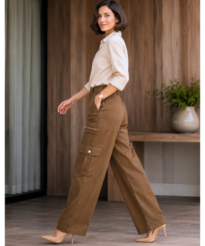 Calça Cargo Feminina Barrel Bolsos Zíper Casual | Creta