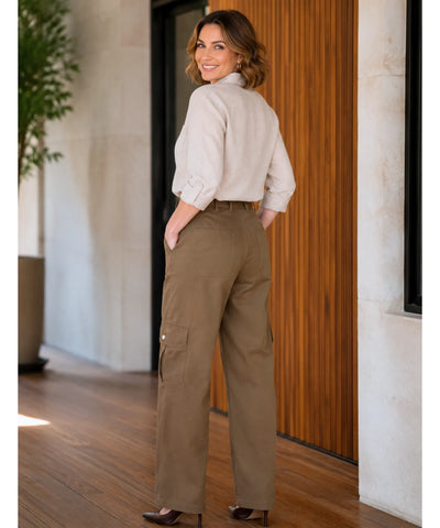Calça Cargo Feminina Barrel Bolsos Zíper Casual | Creta