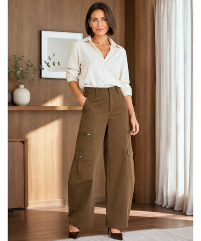 Calça Cargo Feminina Barrel Bolsos Zíper Casual | Creta