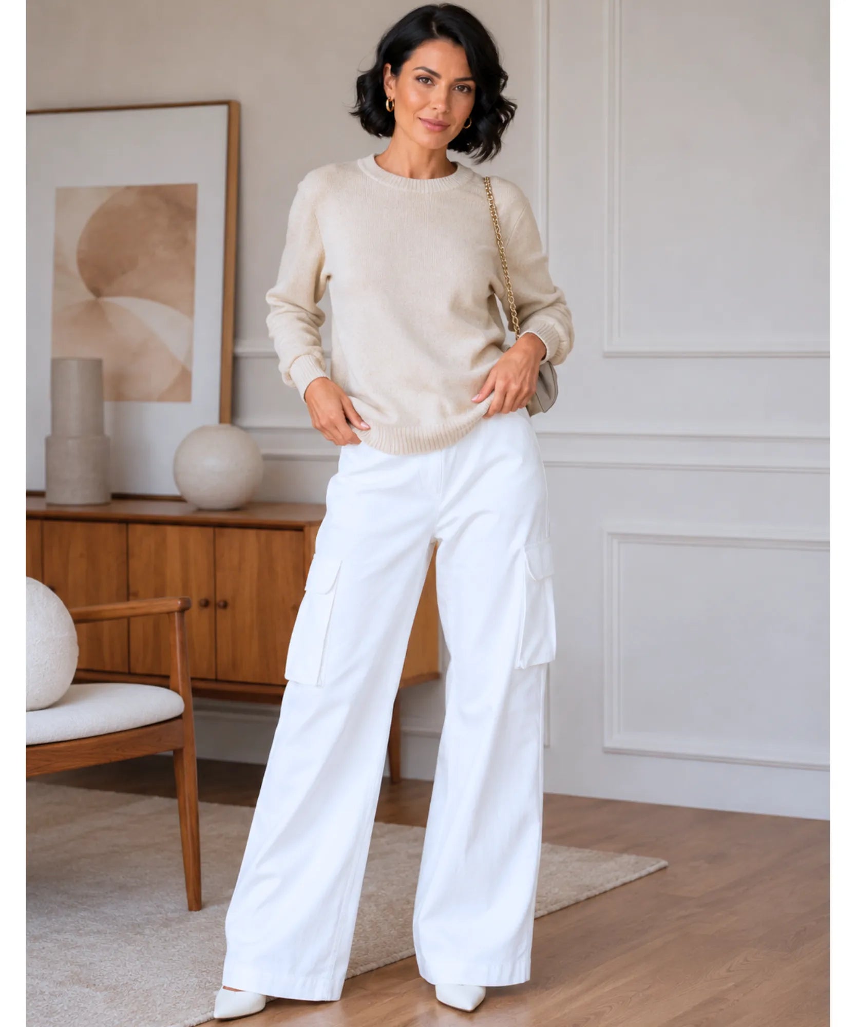 Comprar calça cargo feminina branca em promoção Anellimn