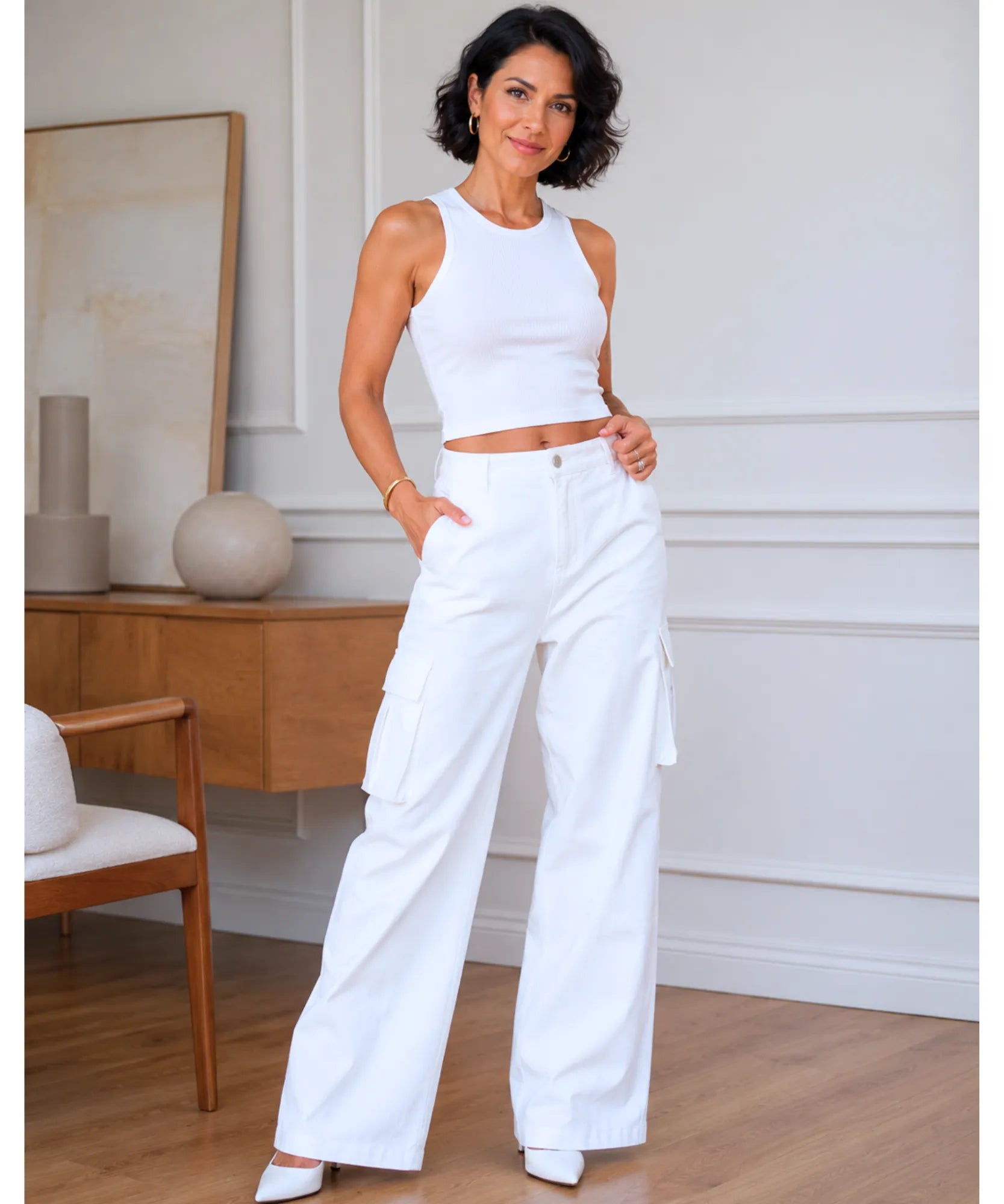 Comprar calça cargo feminina branca cintura alta em promoção Anellimn