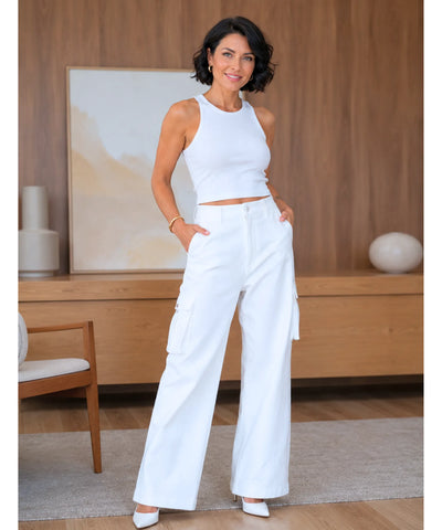 Comprar calça cargo feminina branca wide leg em promoção Anellimn