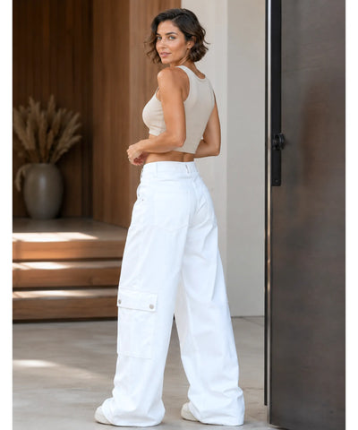 Comprar Calça Cargo Feminina Branca Perna Larga Bolsos Laterais Streetwear barato em promoção ANELLIMN