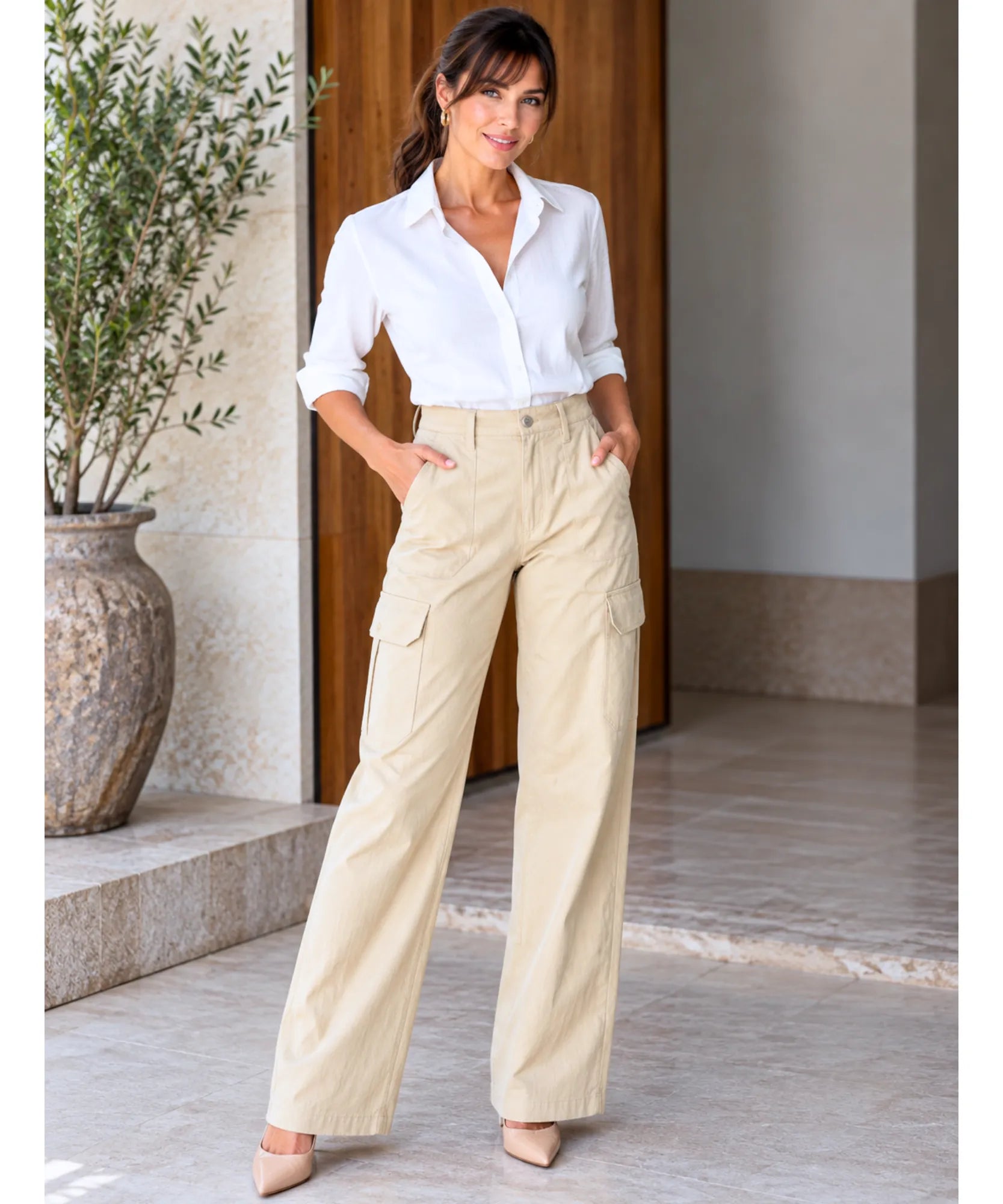 Comprar calça cargo feminina larga com bolsos laterais bege barata Anellimn