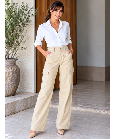 Comprar calça cargo feminina larga com bolsos laterais bege barata Anellimn