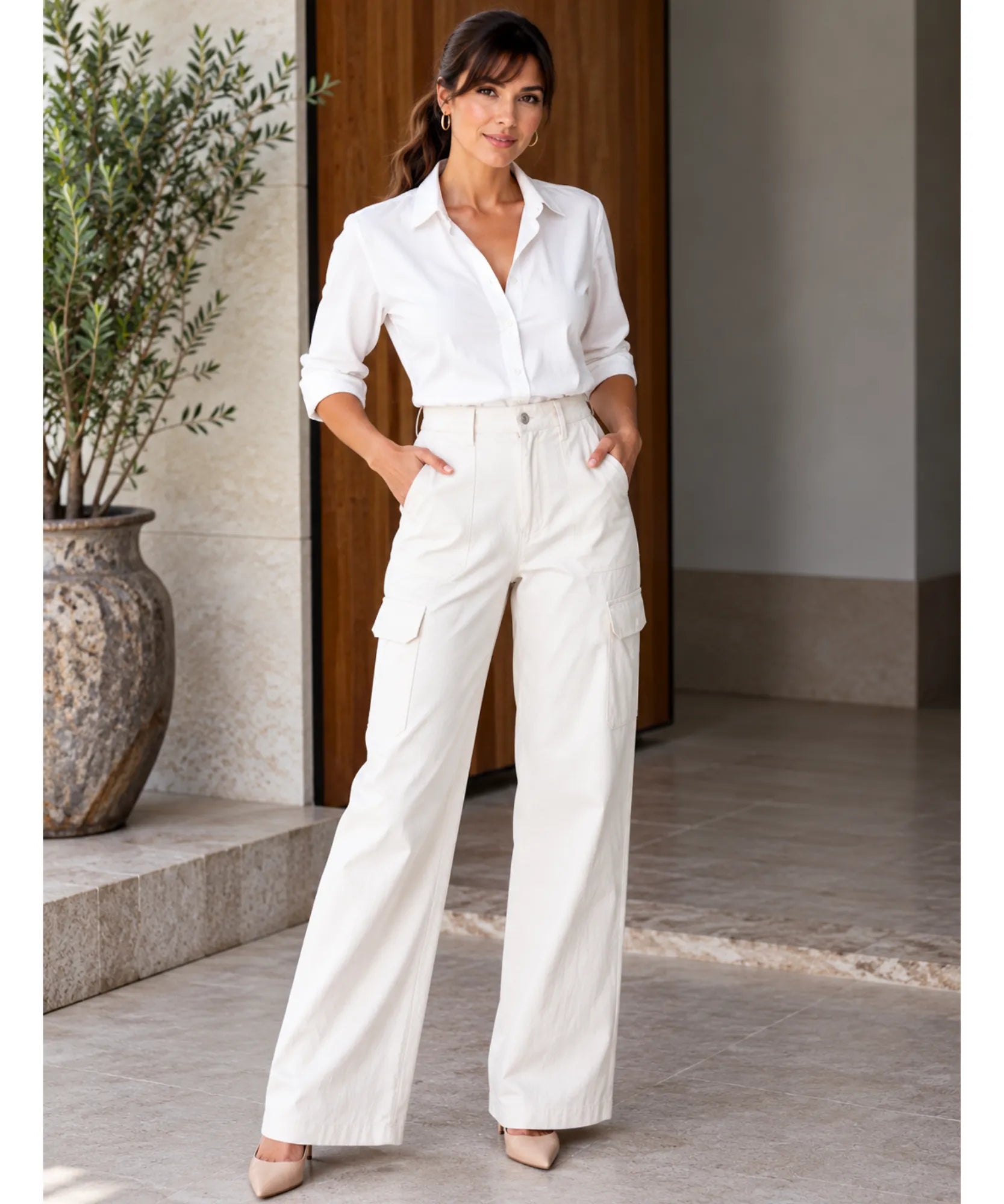 Comprar calça cargo feminina larga com bolsos laterais branco barata Anellimn