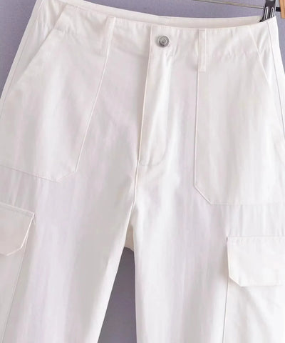 Comprar calça cargo feminina larga botão e bolso cargo branco barata Anellimn