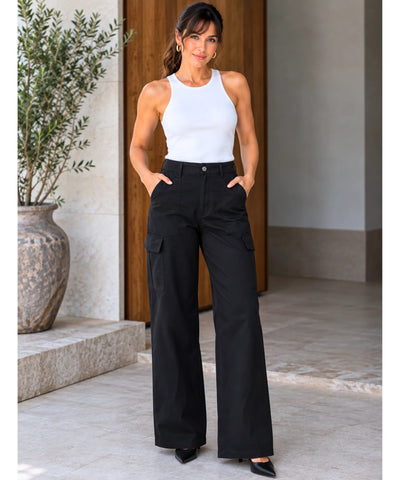 Comprar calça cargo feminina larga com bolsos laterais preto barata Anellimn