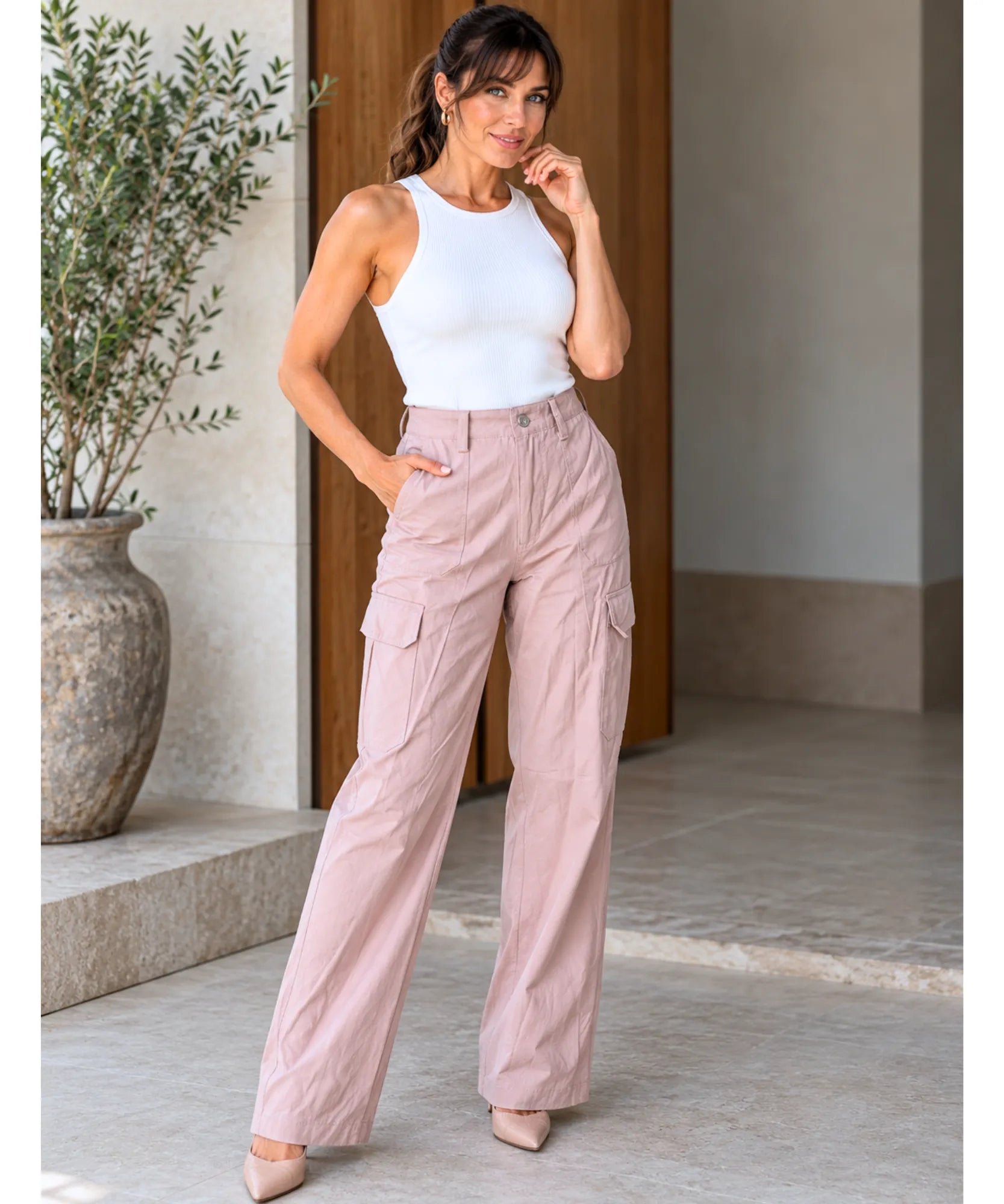 Comprar calça cargo feminina larga com bolsos laterais rosa barata Anellimn