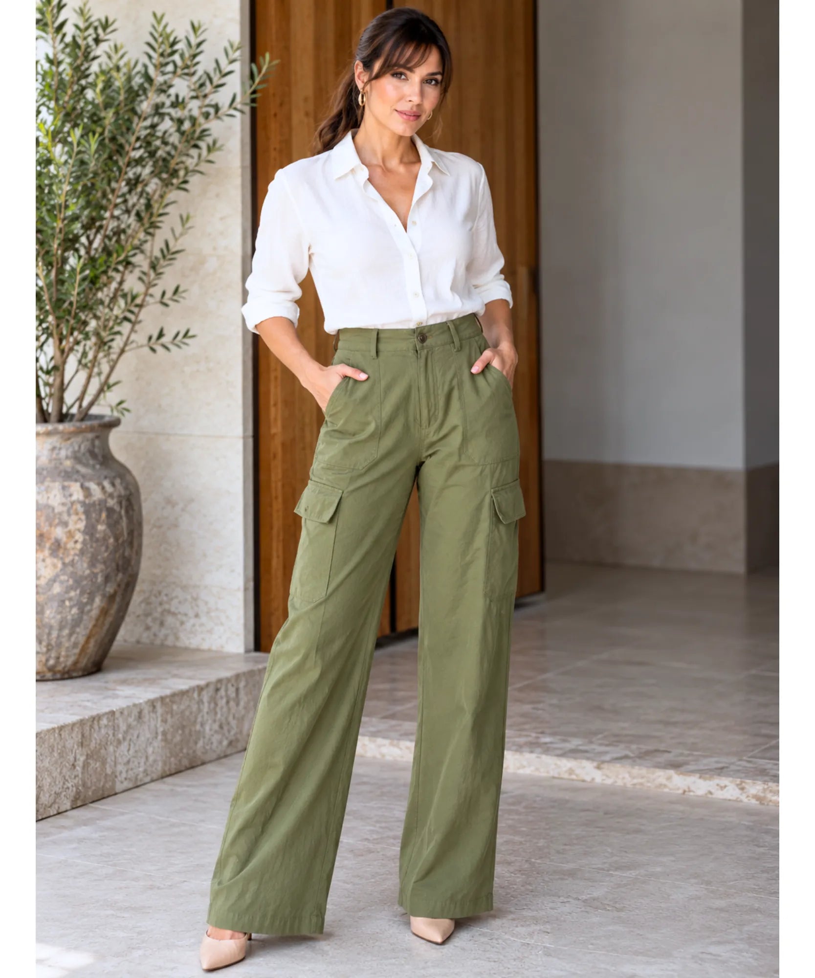 Comprar calça cargo feminina larga com bolsos laterais verde militar barata Anellimn