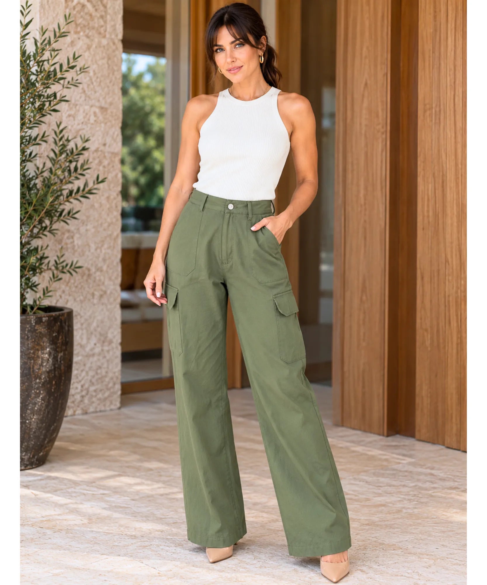 Comprar calça cargo feminina larga perna reta verde militar barata Anellimn