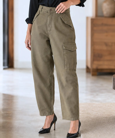 Calça Cargo Feminina Sarja Baggy Bolso Lateral Recortes Anatômicos barato promoção ANELLIMN