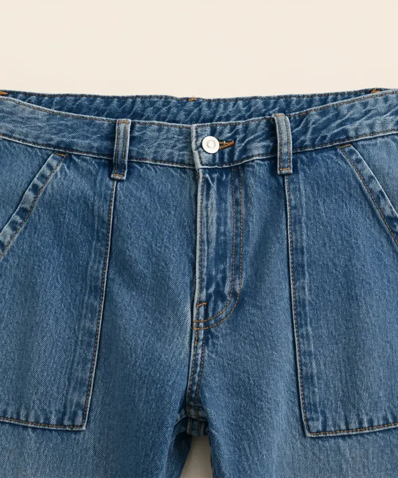 Comprar calça cargo jeans feminina wide leg cintura baixa bolsos laterais barata ou em promoção