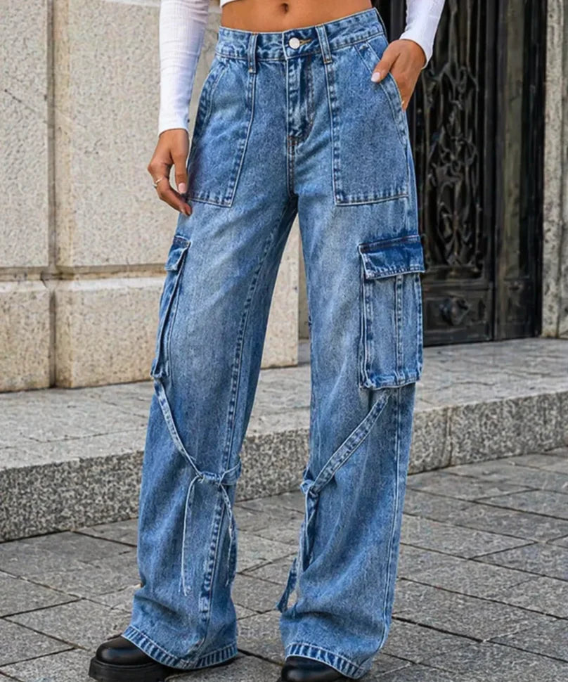 Comprar calça cargo jeans feminina wide leg cintura baixa bolsos laterais barata ou em promoção