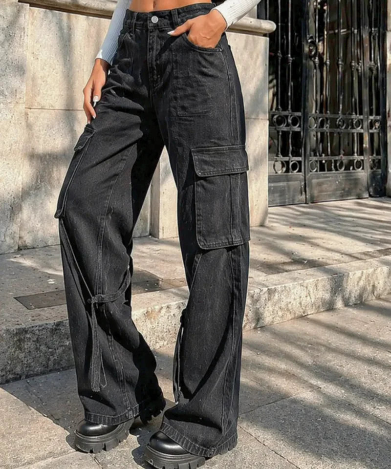 Comprar calça cargo jeans feminina wide leg cintura baixa bolsos laterais barata ou em promoção