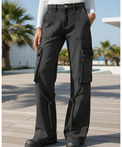 Comprar calça cargo jeans feminina wide leg cintura baixa bolsos laterais barata ou em promoção