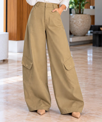 Comprar calça cargo pantalona feminina cintura alta bege barata Anellimn