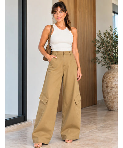Comprar calça cargo pantalona wide leg bege barata Anellimn