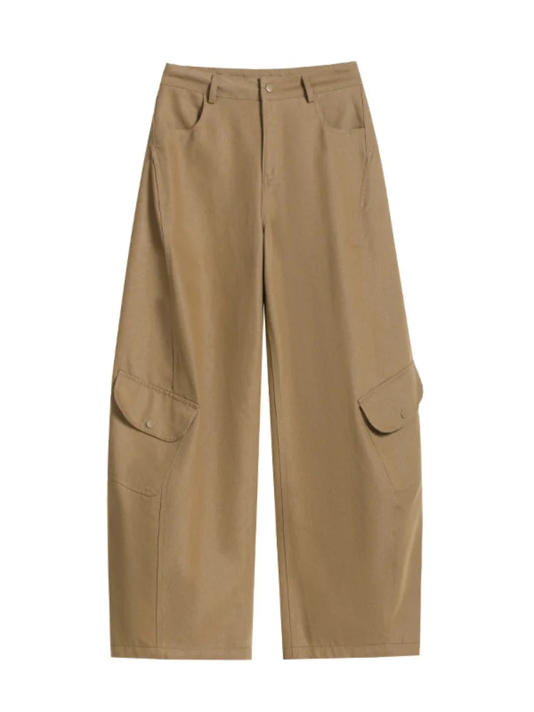 Comprar calça cargo pantalona feminina bege perna larga barata Anellimn