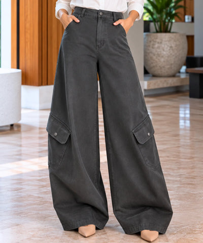 Comprar calça cargo pantalona feminina cintura alta cinza barata Anellimn