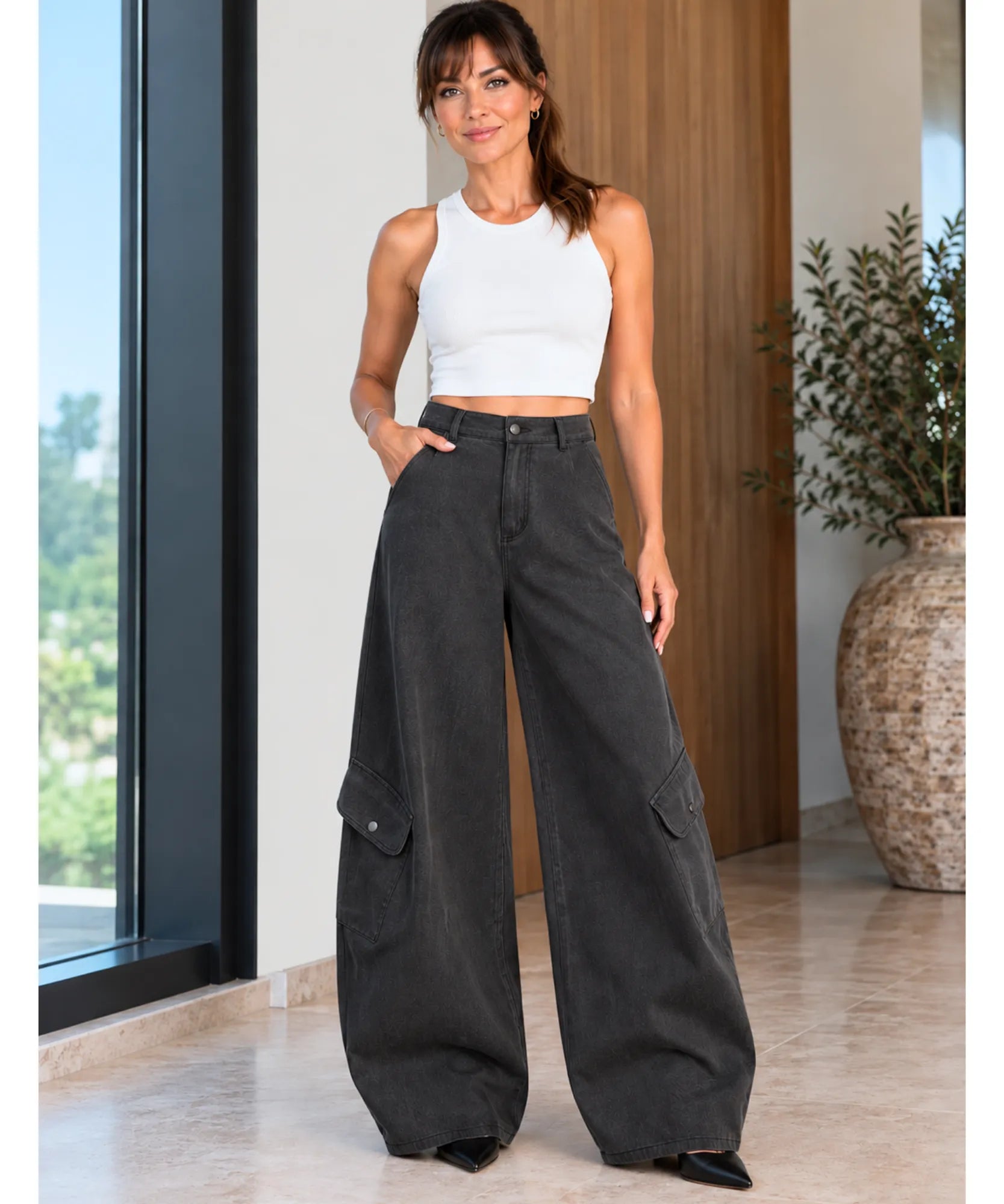Comprar calça cargo pantalona wide leg cinza barata Anellimn