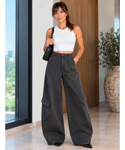 Comprar calça cargo pantalona feminina cinza perna larga barata Anellimn