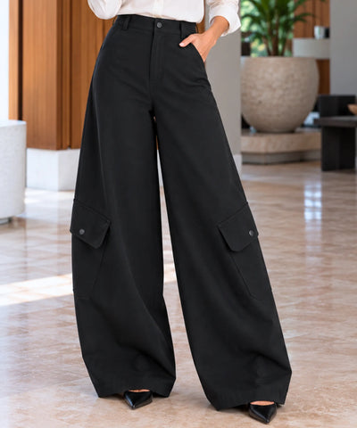 Comprar calça cargo pantalona feminina cintura alta preta barata Anellimn