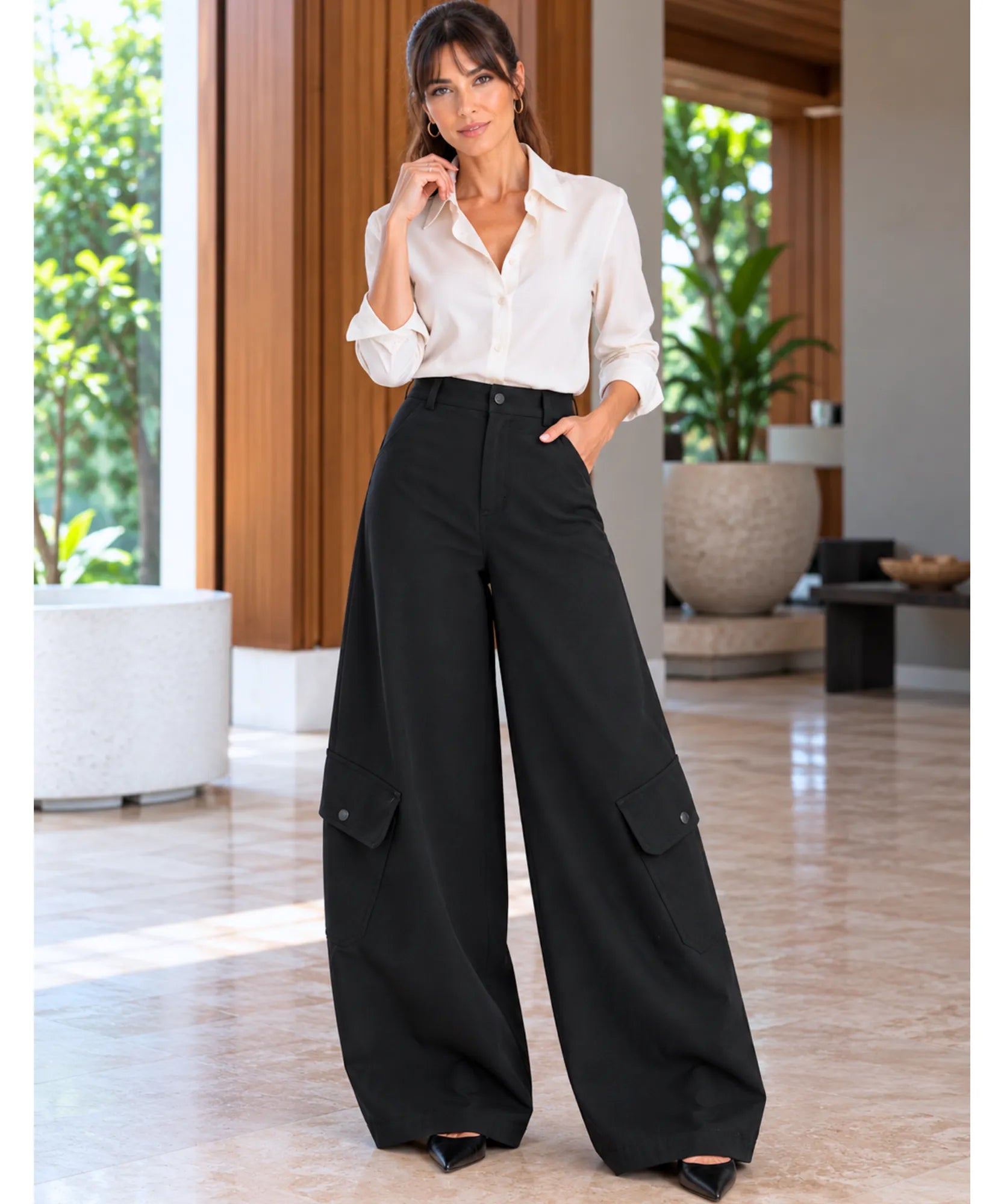 Comprar calça cargo pantalona preta com bolsos laterais barata Anellimn