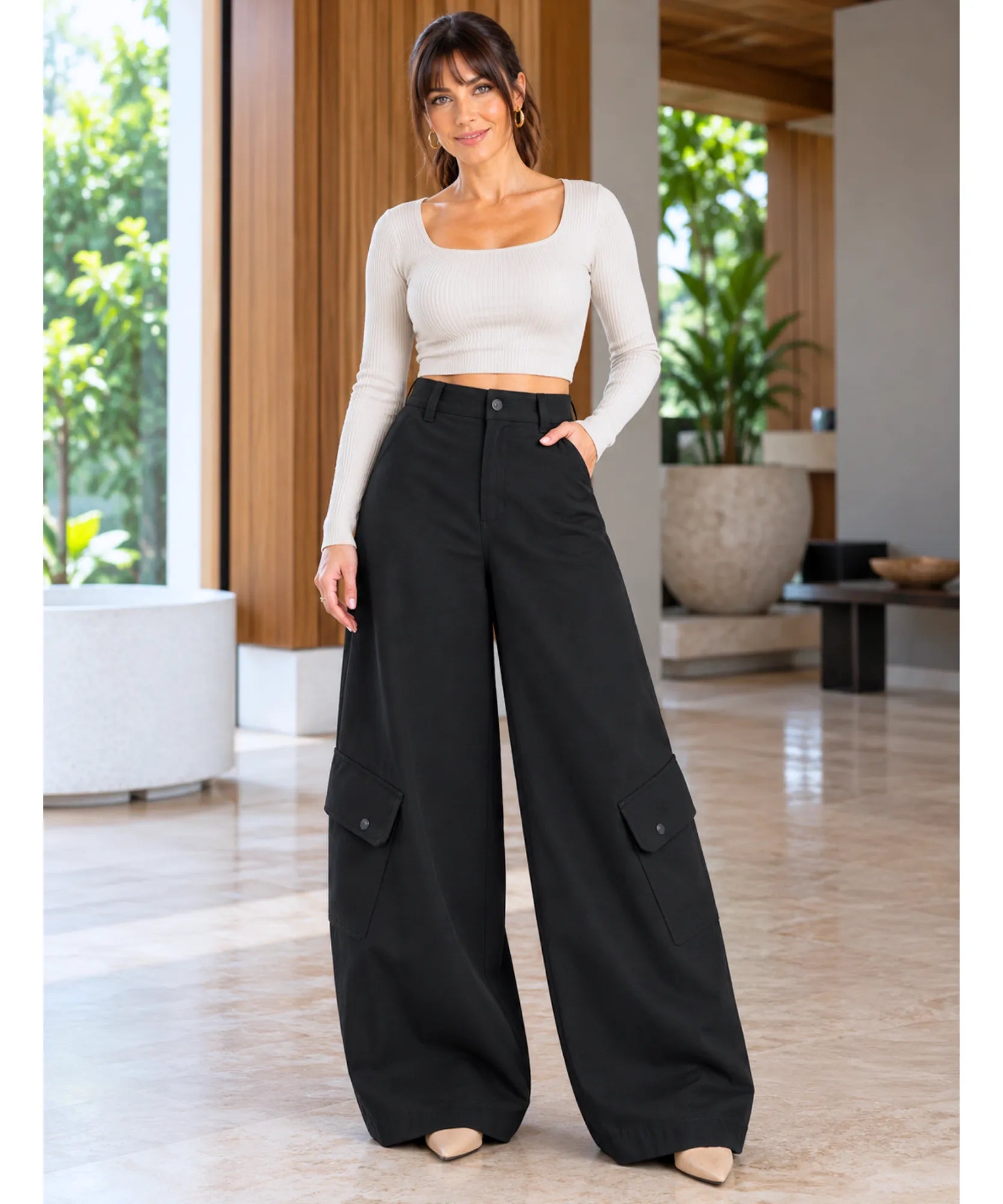 Comprar calça cargo pantalona wide leg preta barata Anellimn