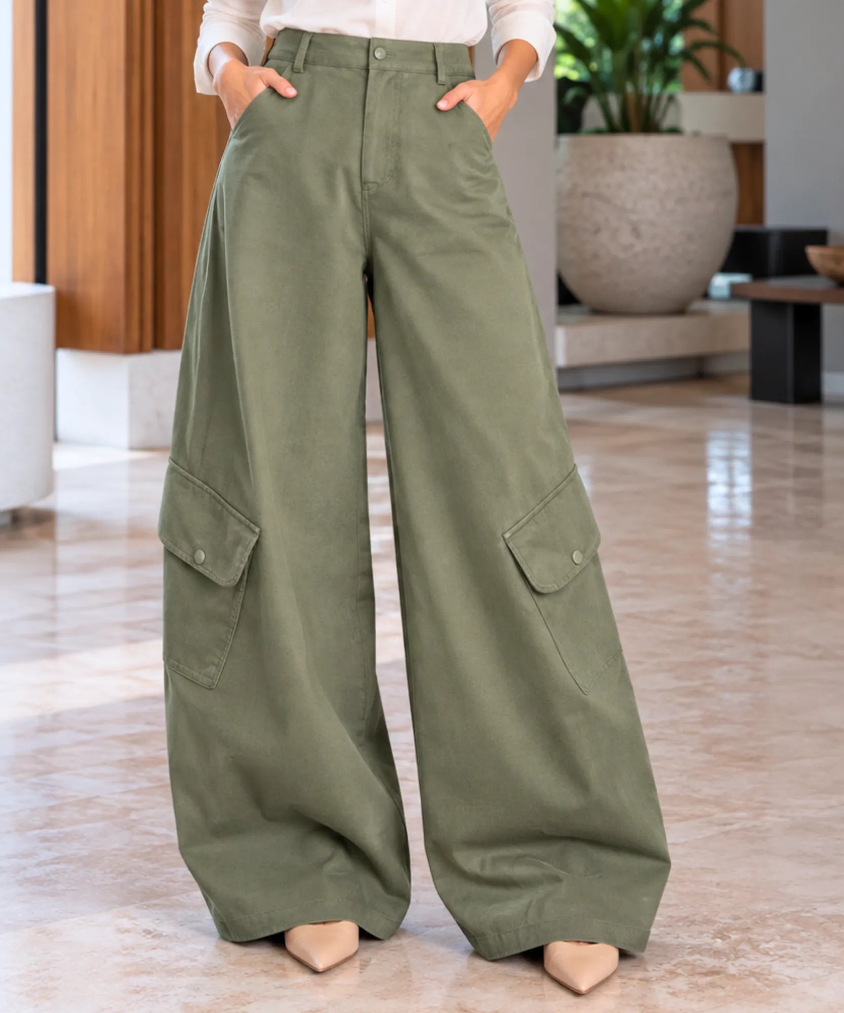 Comprar calça cargo pantalona feminina cintura alta verde militar barata Anellimn