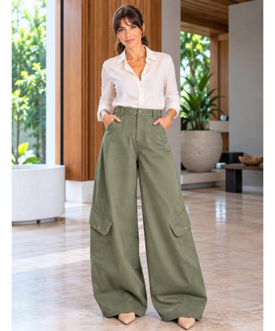 Comprar calça cargo pantalona verde militar com bolsos laterais barata Anellimn