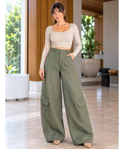 Comprar calça cargo pantalona wide leg verde militar barata Anellimn