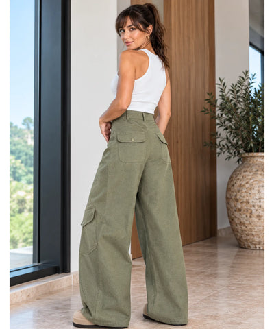 Comprar calça cargo pantalona feminina verde militar costas barata Anellimn