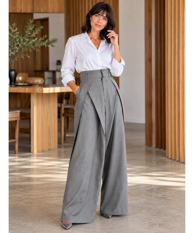 Comprar calça cós duplo feminina pantalona com pregas cinza em promoção Anellimn