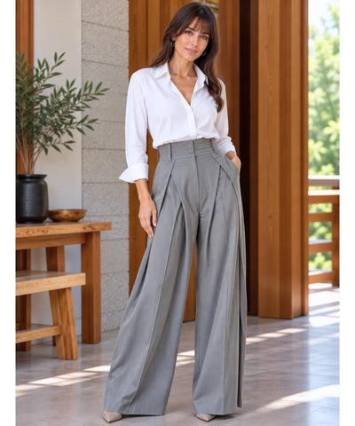 Comprar calça cós duplo cintura alta wide leg cinza em promoção Anellimn