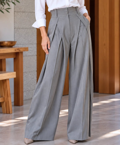 Comprar calça cós duplo social com pregas frontais cinza em promoção Anellimn